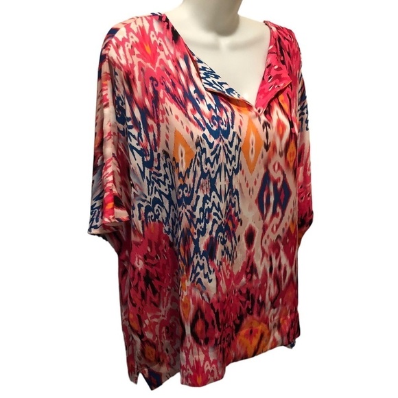 Chico’s Ikat-Print Split-Neck Blouse 3XL Dolman Sleeve Bright Colors Chiffon - Picture 2 of 9